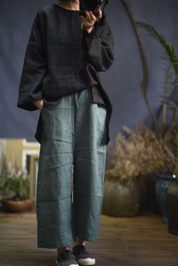 燕燕～亞麻復古春秋套頭開叉長袖麻衫 上衣 