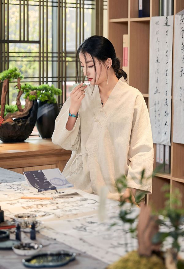 燕燕～復古砂洗做舊苧麻禪茶服立領繫帶  開衫外套 