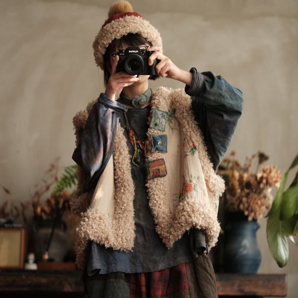 燕燕~秋冬新款 訂製復古棉麻羊捲毛夾棉背心 棉衣 ab223301 