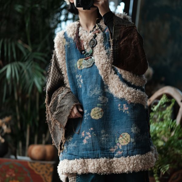 燕燕 復古斜襟盤扣羊捲毛夾棉背心棉衣棉服外套 ab2224101 