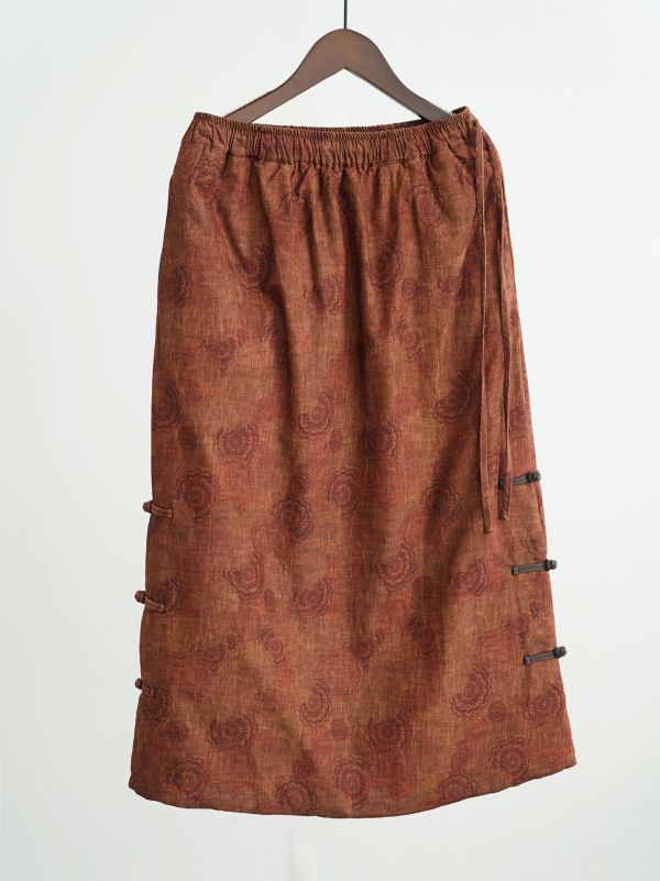 燕燕~復古文藝印花磨毛保暖夾棉盤扣加厚直筒裙 長裙 aB2532001 