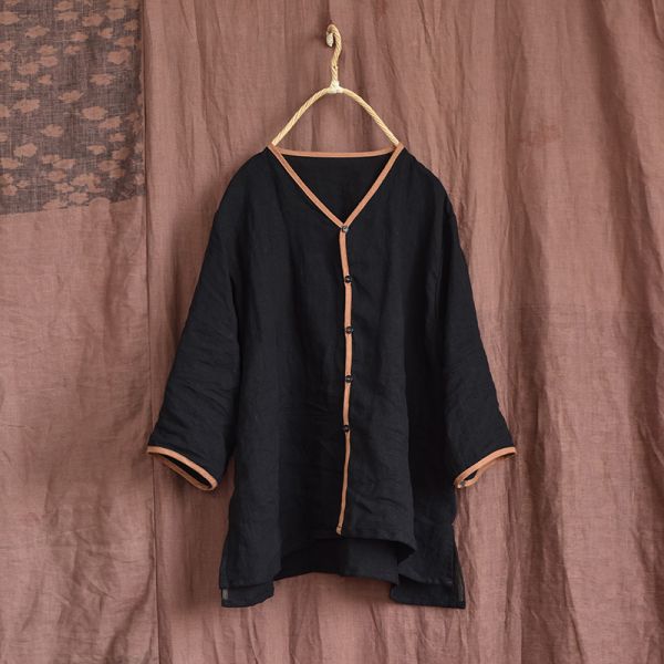 燕燕~亞麻。七分袖撞色邊V領開衫文藝上衣 襯衫 長袖棉麻衫 