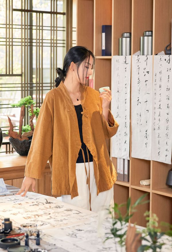 燕燕～復古砂洗做舊苧麻禪茶服立領繫帶  開衫外套 