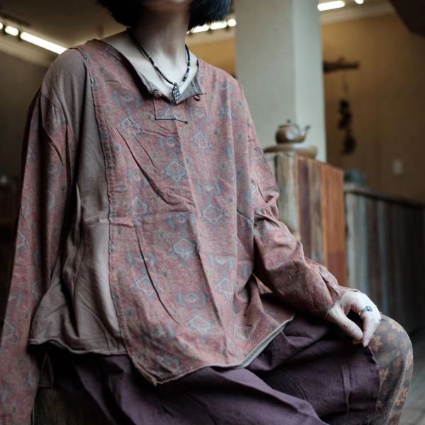 燕燕~秋款 針織棉 復古做舊雪花不對稱拼布百搭上衣 T恤 ab198801 
