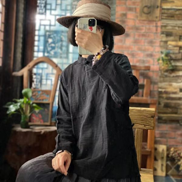 燕燕～～中式盤扣側開襟百搭毛邊上衣小衫  長袖棉麻衫 ab152601 