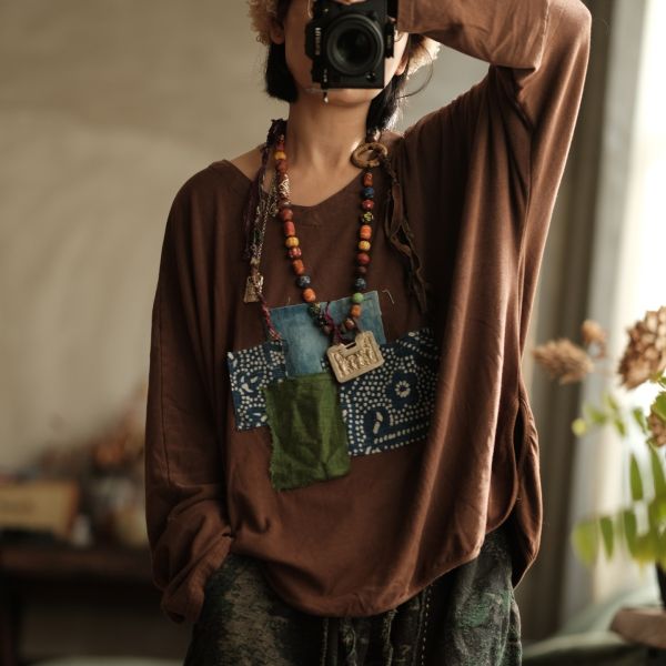 燕燕~秋冬新款 設計女裝文藝復古純棉寬鬆打底貼布T恤 HX011801 