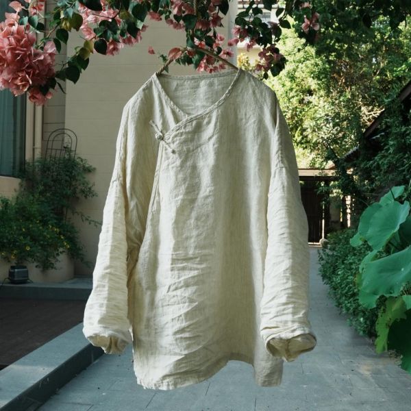 燕燕~斜襟盤扣寬鬆文藝新中式上衣色織亞麻茶服上衣 ab448701 