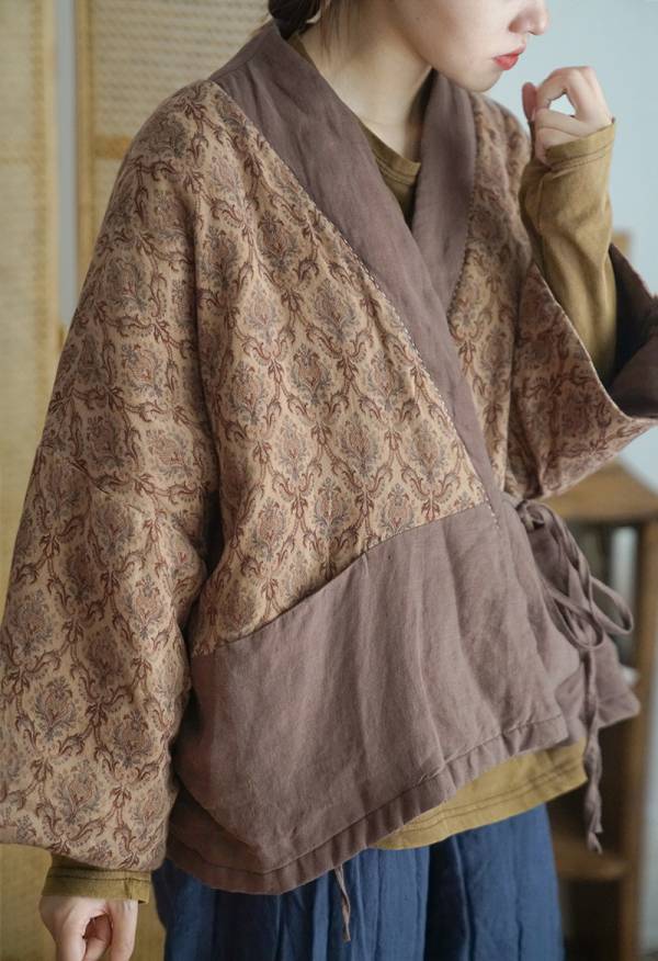 燕燕棉麻～復古中國風印花斜襟撞色夾棉外套 漢服寬鬆禪意棉衣 ab2133601 
