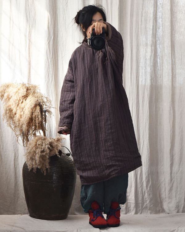 燕燕~秋款 條紋色織亞麻棉袍 復古斜襟盤扣寬鬆長棉衣手縫線棉服連身裙 洋裝 (此件商品不退換） 