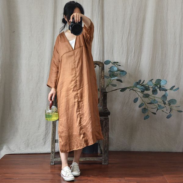 燕燕~夏季新款~苧麻～袍子V領中袖清涼中長款 洋裝 連身裙 (包含內搭吊帶裙） 