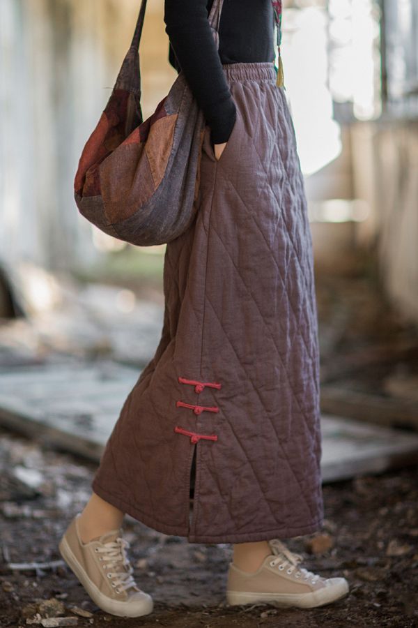 燕燕~秋冬新品    苧麻夾棉 原創設計個性保暖菱格絎縫長裙 