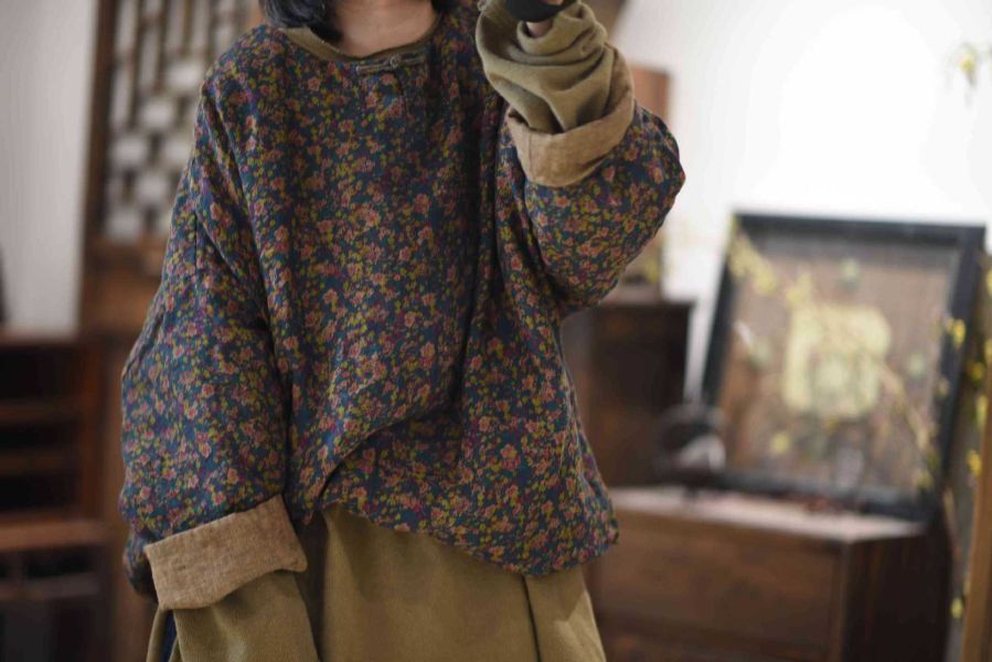 燕燕～秋冬款～亞麻套頭手工扣夾棉上衣 ab25601 