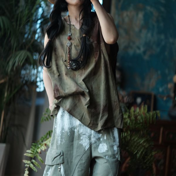 燕燕~夏季款式 復古手工植物染棉料V領背心 