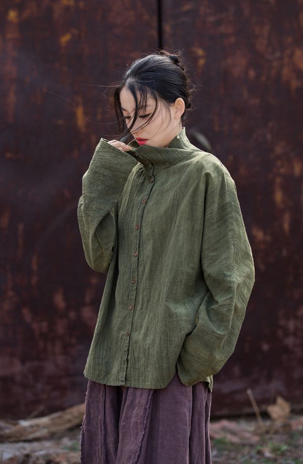 燕燕~苧麻棉~夏新品薄款紮染寬鬆百搭襯衫   半高領上衣 開襟衫 