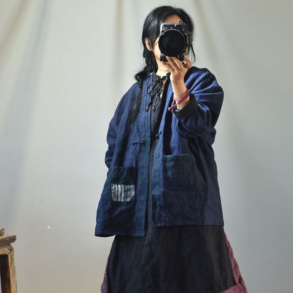 燕燕~棉麻商品~手工繡線 老土布拼接開衫盤扣茶服外套 