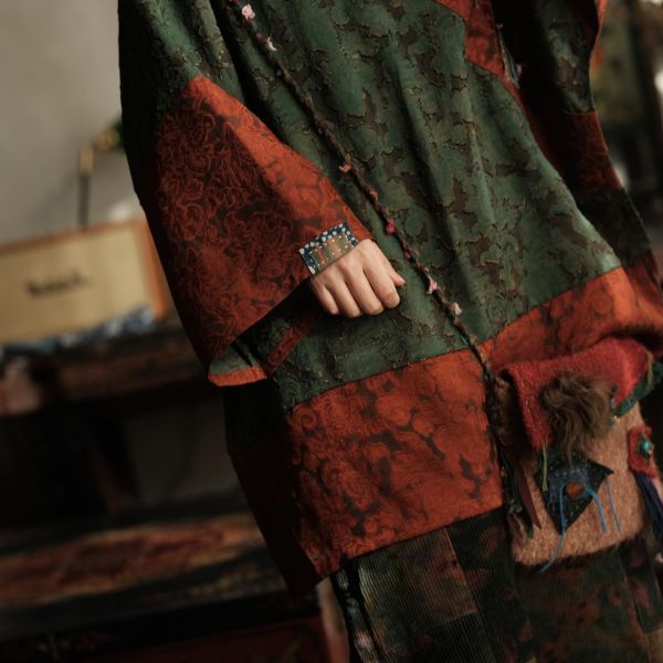 燕燕~棉麻商品~拼色復古文藝做舊人絲寬鬆大袖口中長斜襟襯衫 開襟衫 ab227801 