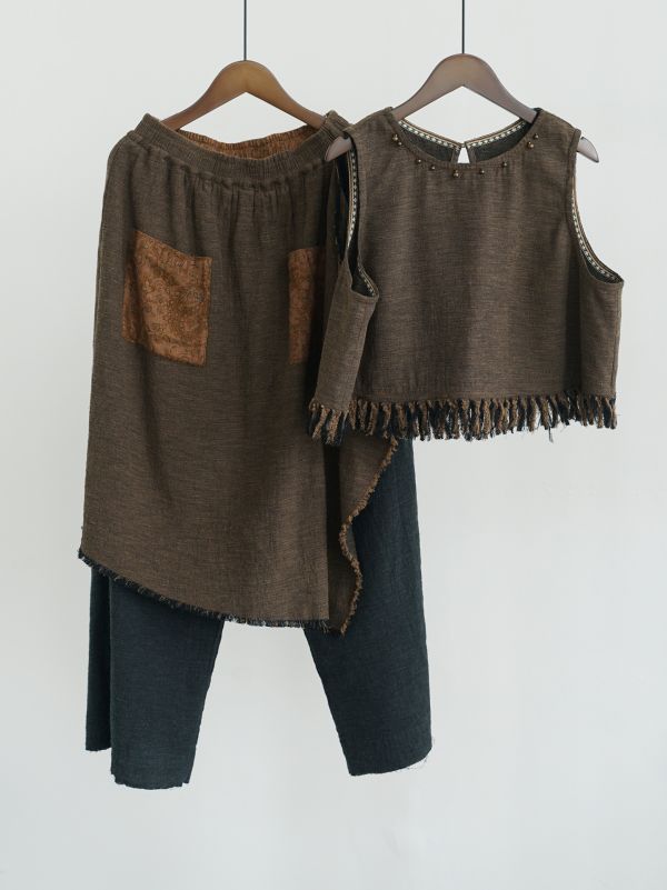 燕燕~秋冬款！復古色織棉麻個性毛邊 流蘇背心 ab2435501 