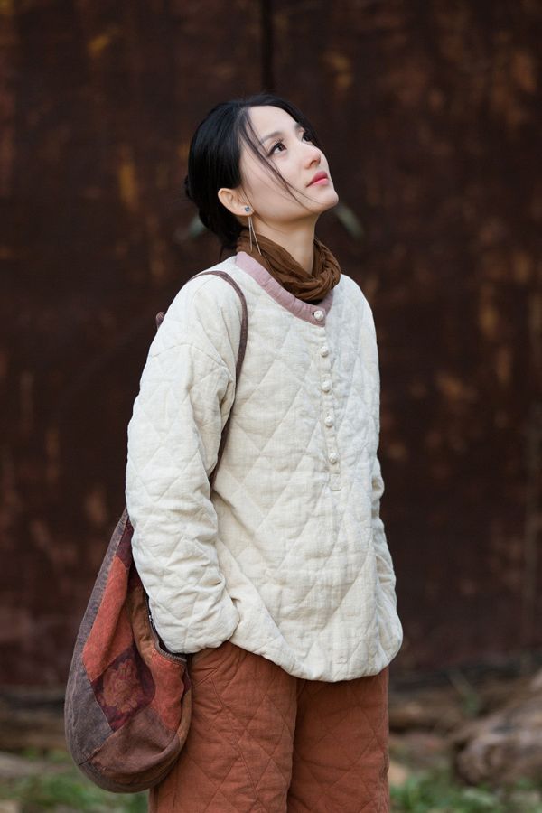 燕燕 冬季新款 苧麻夾棉菱格絎縫套頭棉襖 個性加厚保暖女裝棉衣上衣 