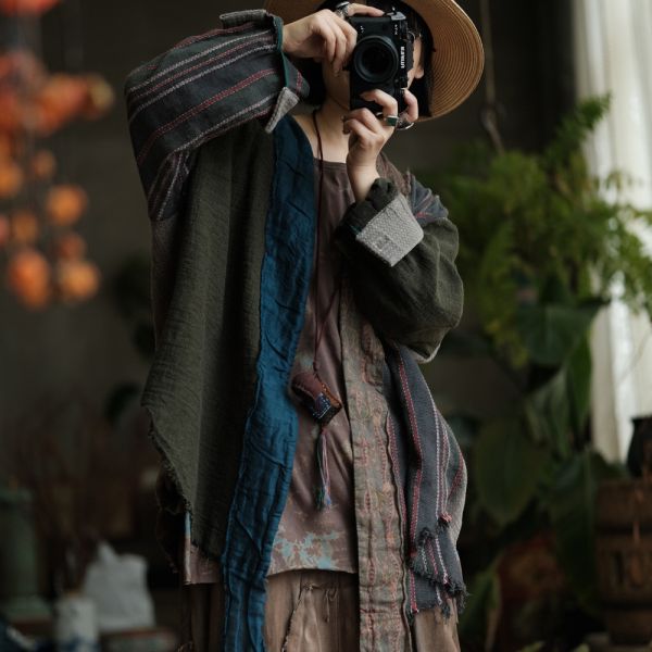 燕燕~秋款 復古文藝棉麻拼色外披薄外套 ab234901 