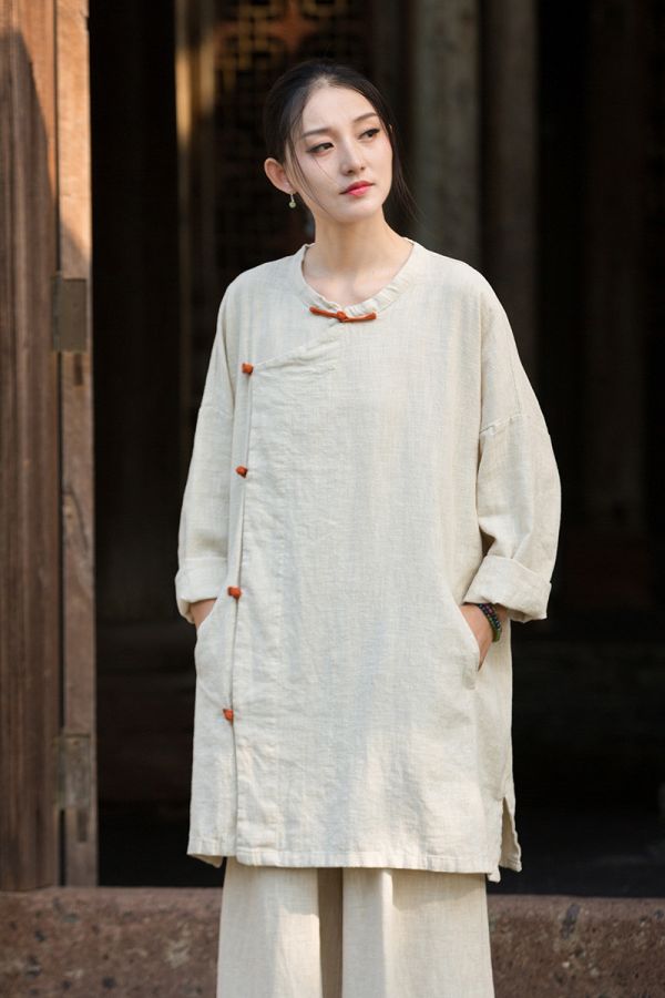 燕燕~秋季新款 苧麻砂洗大開襟衫 新中式改良簡約禪意上衣 