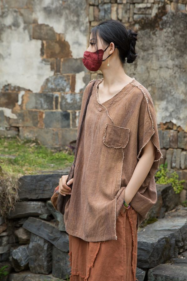 燕燕~夏季新款 亞麻染砂洗做舊磨毛 原創不規則上衣 T恤 