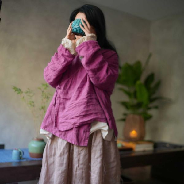 燕燕~砂洗亞麻 傳統交領繫帶百搭長袖襯衫 上衣小開襟衫 