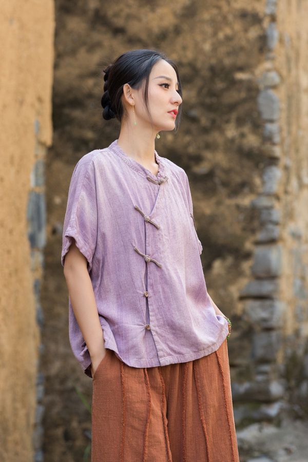 燕燕~夏季新款 亞麻紮染手縫線上衣 斜衫扣新中式女開衫上衣 外套 