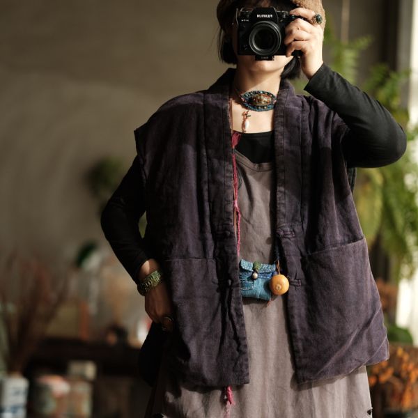 燕燕~棉麻商品~純亞麻。做舊雪花洗撞色領寬鬆夾棉坎肩背心  ab192601 