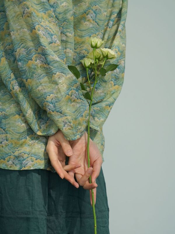 燕燕~苧麻～ 宋制數位印花開襟衫上衣 水袖寬袖遮陽襯衫  ab2408901 
