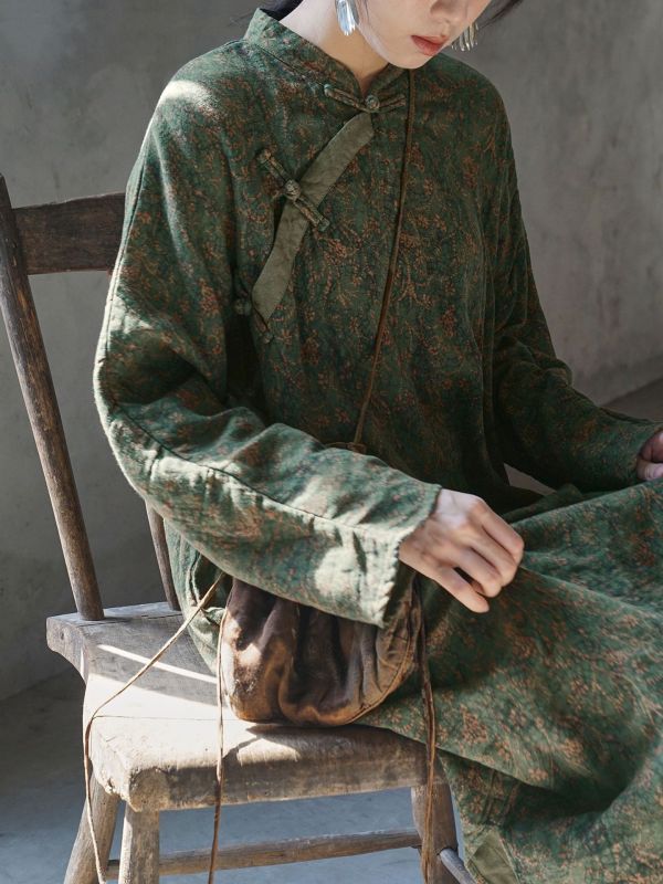 燕燕~民族風 復古印花雙層長袍 復古改良旗袍寬鬆長袍洋裝 連身裙。ab2406201 