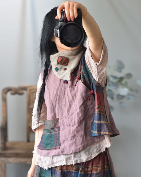 燕燕棉麻 秋冬款 拼色偏襟盤扣背心 