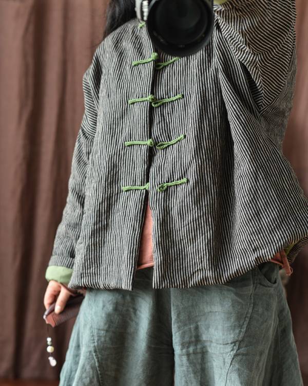 燕燕~棉麻商品~亞麻材質 色織條紋中式盤扣夾棉短棉衣外套 