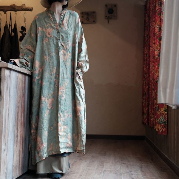 燕燕~棉麻商品~純亞麻 做舊雪花洗 寬鬆禪意長袍洋裝 連身裙 