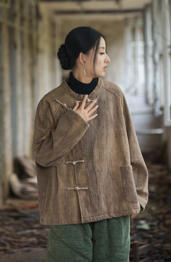 燕燕~秋冬新款   苧麻紮染加厚保暖外套 復古文藝個性盤扣女款T恤 上衣 