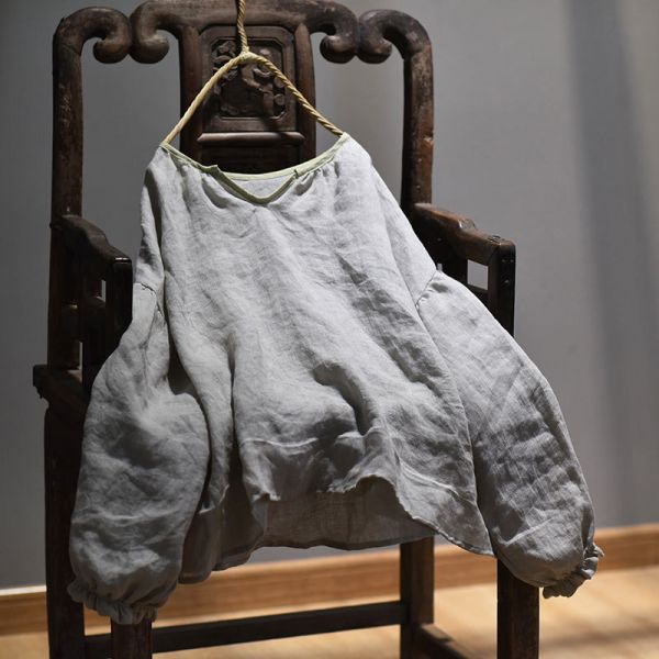 春夏新款 亞麻材質燈籠袖襯衫  木耳邊鬆緊袖上衣 