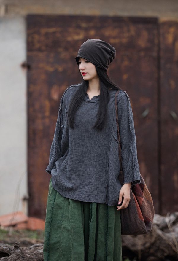 燕燕 秋冬新款  雙層棉砂洗磨毛百搭T恤 棉麻改良盤扣禪意上衣 