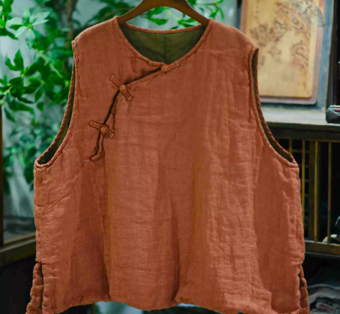 燕燕~秋款 復古偏襟盤扣雙層夾棉套頭棉背心 ab25401 