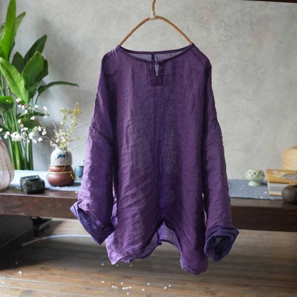 燕燕~四季款 雙色苧麻 雙面穿 盤扣長袖女襯衫 文藝復古圓領上衣 