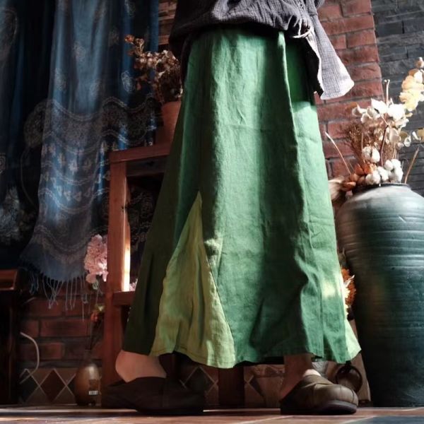 燕燕～純亞麻 做舊雪花洗色織大擺長裙。ab203501 