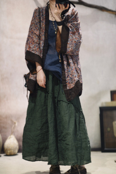 燕燕~夏季新品 苧麻印花休閒寬鬆款手工縫線開襟衫 防曬衫 外套 