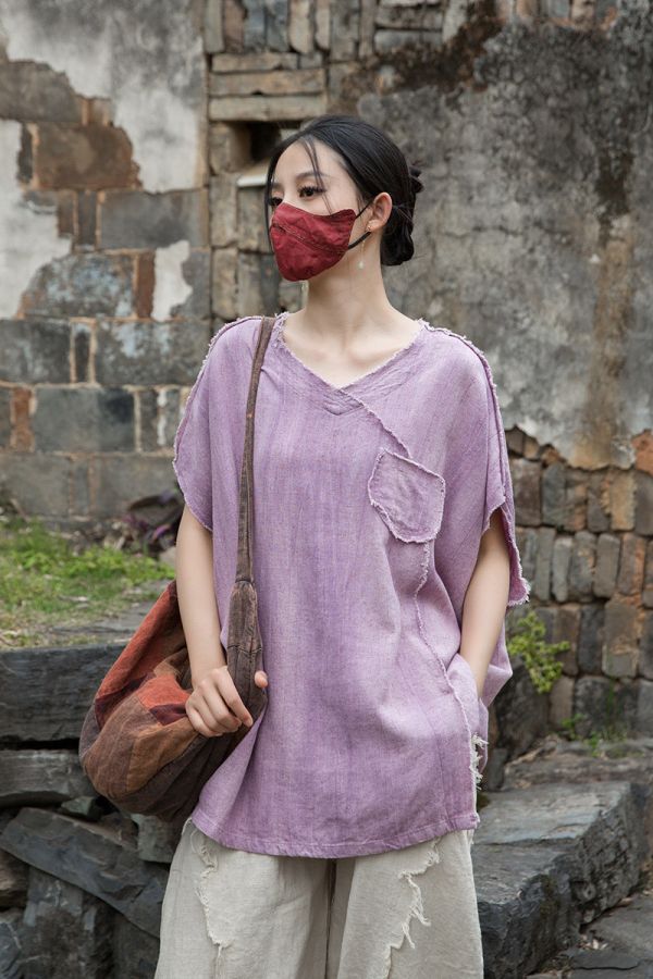 燕燕~夏季新款 亞麻染砂洗做舊磨毛 原創不規則上衣 T恤 