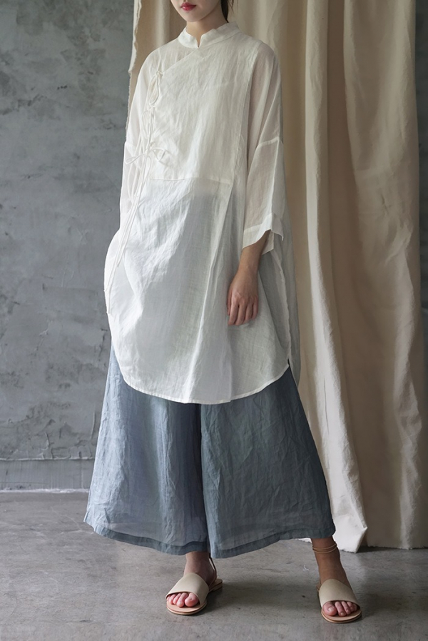 燕燕~棉麻商品~日系森林系  立領繫帶襯衫連身裙  1-19199 