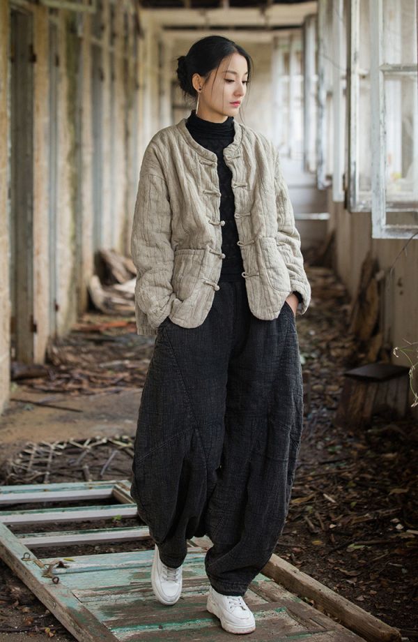 燕燕~冬季新款 苧麻紮染夾棉絎縫保暖棉服棉襖 棉衣外套 