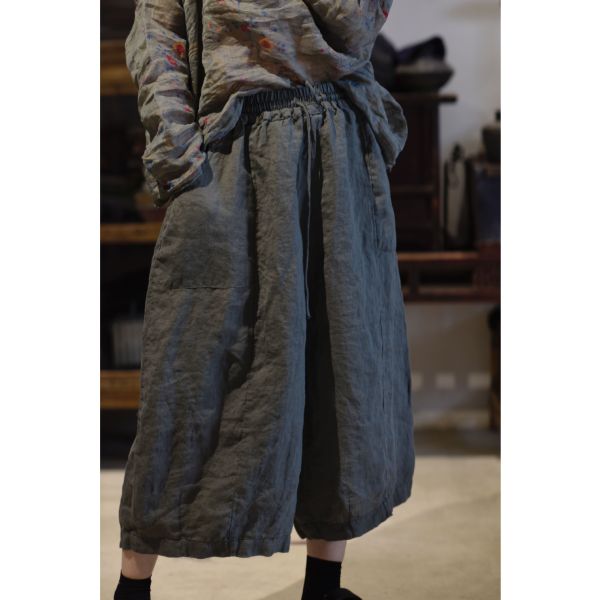 燕燕. 春夏 苧麻  寬筒休閒抽繩七分褲  闊腿褲 民俗風寬褲 