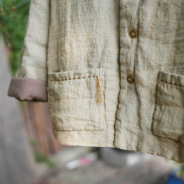 燕燕~色織亞麻 手工縫線小流蘇 大口袋文藝棉衣 棉服棉襖外套 