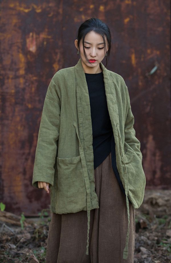 燕燕~秋冬新品  苧麻炒色夾棉加厚復古改良禪意風女式中長棉衣外套 