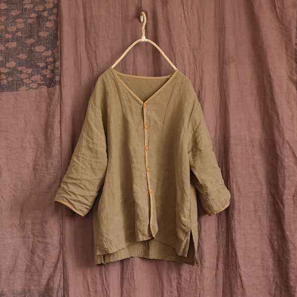 燕燕~亞麻。七分袖撞色邊V領開衫文藝上衣 襯衫 長袖棉麻衫 