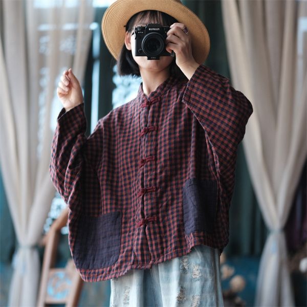 燕燕~棉麻商品~文藝復古民國風寬鬆小格小衫 襯衫 ab203301 