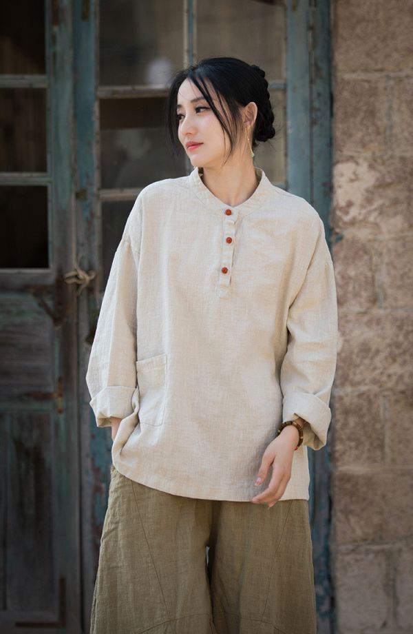 燕燕~莧麻棉~夏女裝新款  撞色盤扣上衣 長袖棉麻衫 