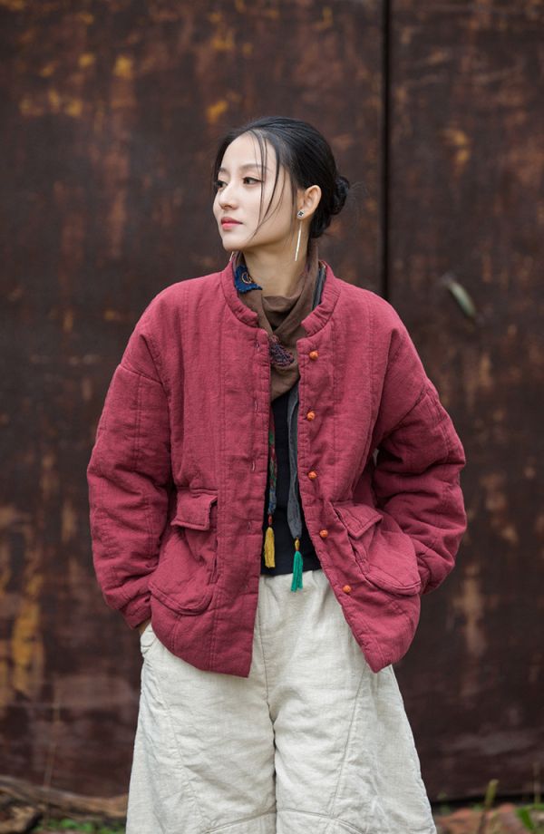 燕燕~冬新款  苧麻夾棉絎縫保暖棉服改良盤扣立領百搭女式短棉衣 外套 